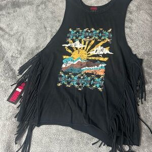 Black Fringe Tank Top with Graphic Print